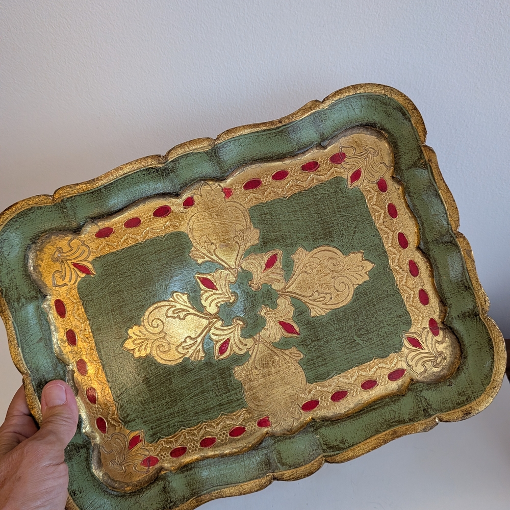 Italian Florentine Decorative Tray Hand Painted Wood Gold Accent Vintage